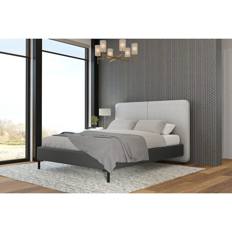 Modern Platform Bed - Grey Linen Headboard & Faux Leather Footboard - Metal Leg Bed Frame - 74" Wide