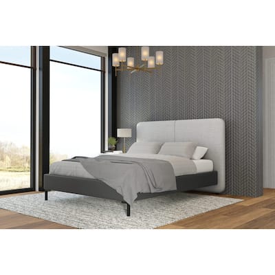 Modern Platform Bed - Grey Linen Headboard & Faux Leather Footboard - Metal Leg Bed Frame - 74" Wide
