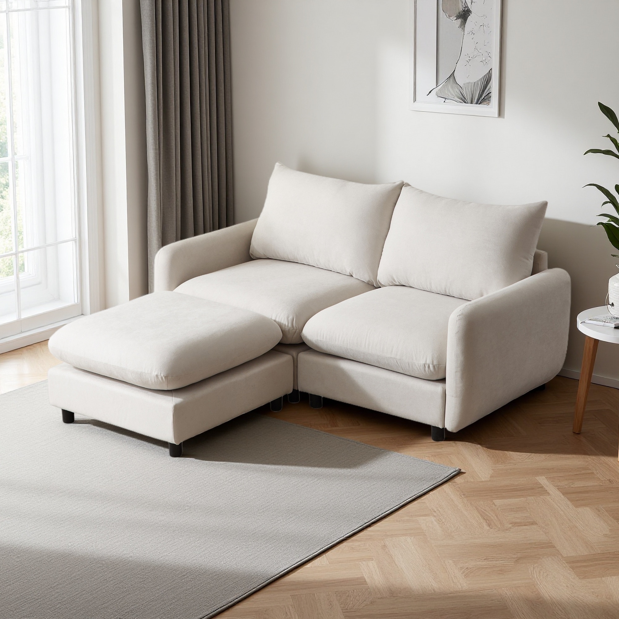 69" Fabric 3-Piece L-Shaped Modular Sectional Sofa with Ottoman & Solid Wood Frame