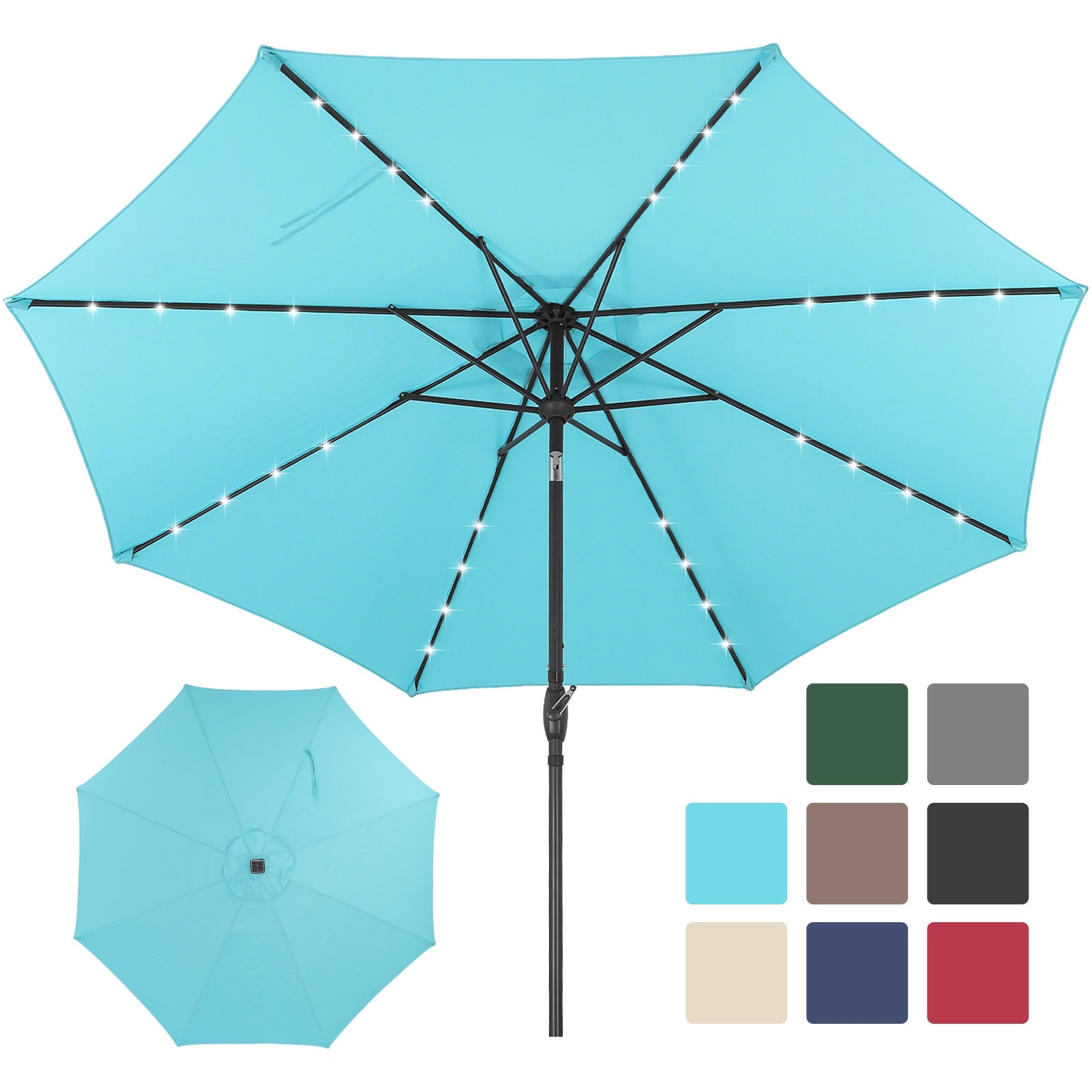 aqua blue patio umbrella with solar lights Backyard Expressions 9ft 32 LED About this item Unique 3tier design ABBLE 9 Ft Solar Led