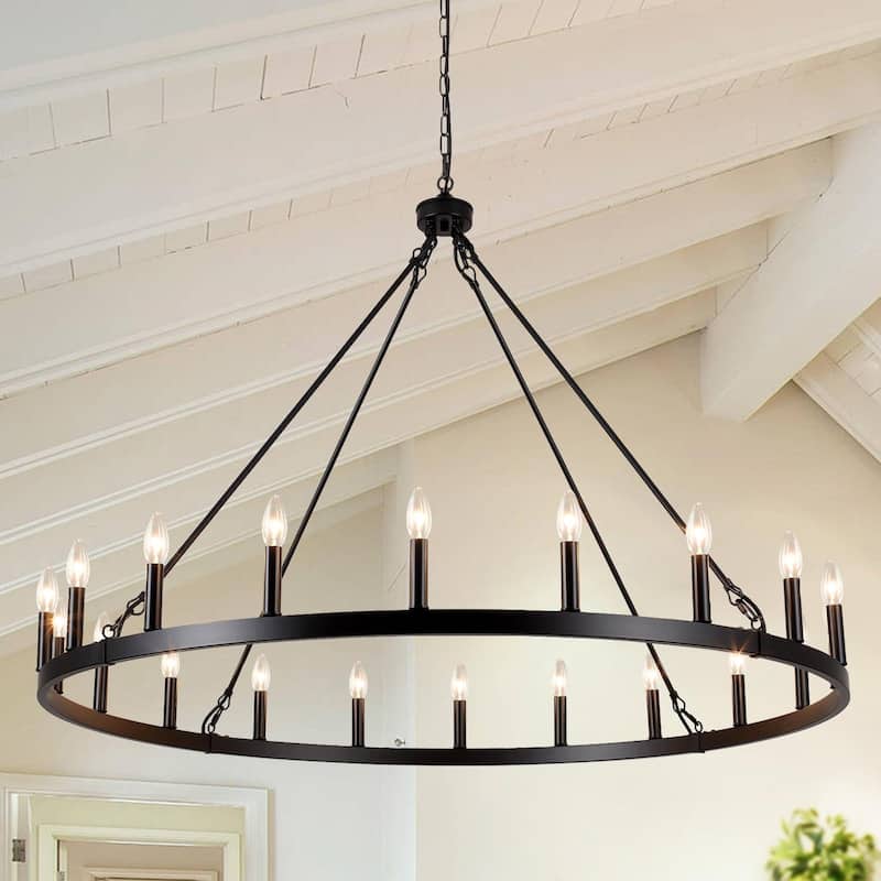 20-Light Modern Farmhouse Chandelier, 47.24 Inch Wagon Wheel Chandelier for Living Room Kitchen Island Dining Foyer - Black