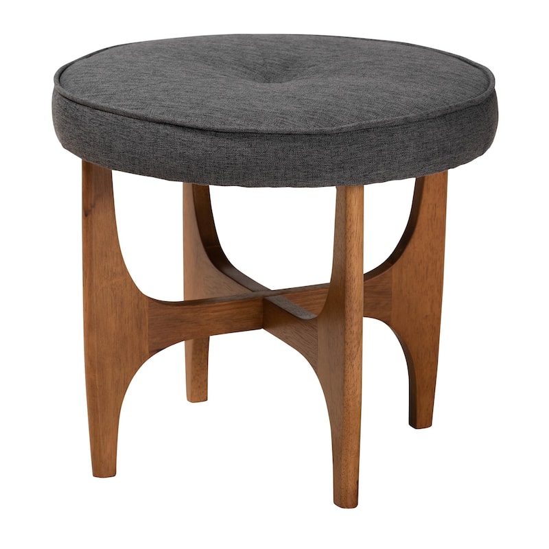 Theo Japandi Greyish Beige Fabric and Walnut Brown Finished Wood Ottoman Footstool - Dark Grey, Walnut Brown