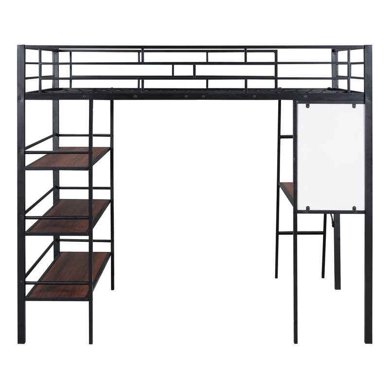 Stylish Loft Metal Bed with 3-Layer Shelves, Built-in Desk & Whiteboard - Modern Frame Design