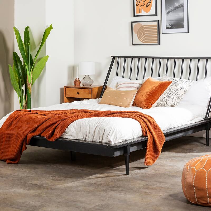 Queen Solid Pine Platform Bed with Spindle Headboard - Mid-Century Modern Design
