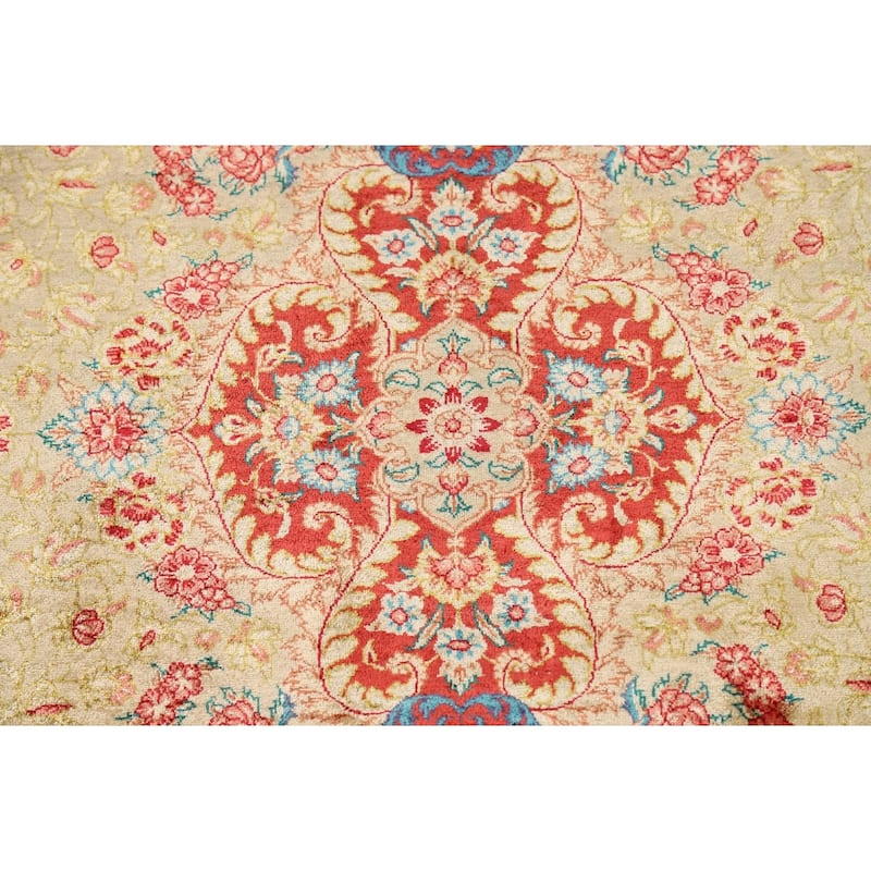 Gold Qum Persian Accent Rug Traditional Handmade Floral Silk Carpet - 3'3"x 5'0"