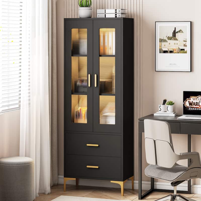 Tall Bookcase Bookshelf with Doors and LED Light
