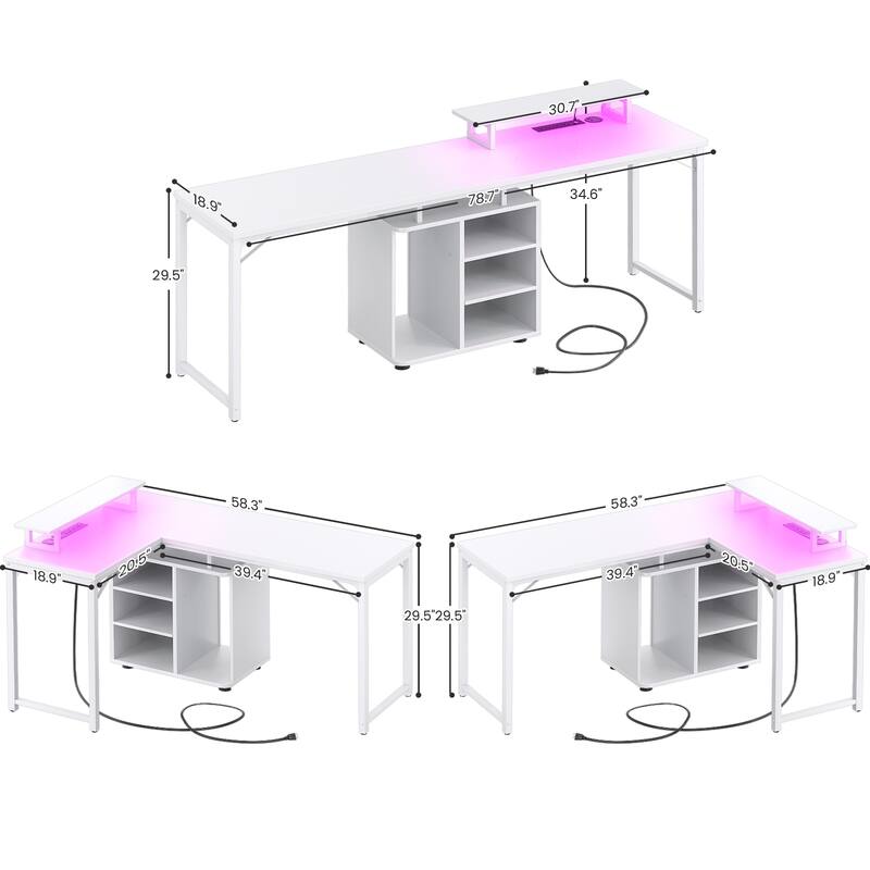 58.3'' L-Shaped Gaming Desk with Storage Cube, Office Computer Table with USB Ports and LED Lights