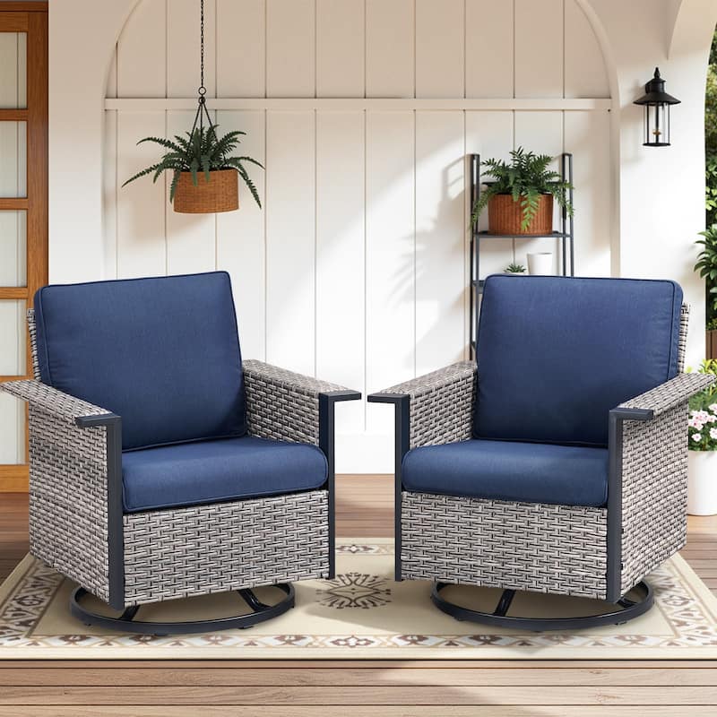 Pocassy Outdoor Wicker 2-Piece Swivel Chair with Cushion - Gray Wicker Blue Cushion - 2-Piece Swivel Chair with Cushion
