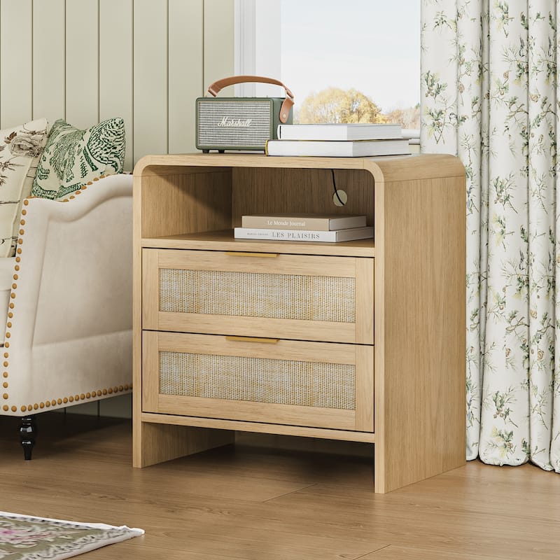 Rattan Nightstand with Charging Station, 2 Drawers & Open Shelf, 22.8" Wide Curved Wooden Bedside Table - Oak