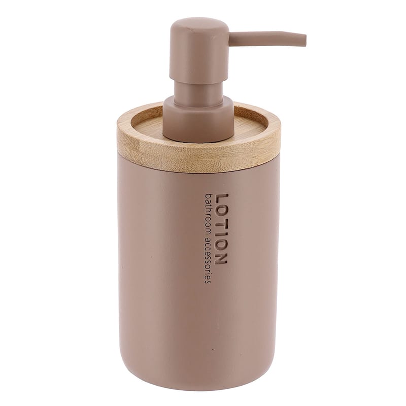 Elegant Soap Dispenser - Polyresin and Bamboo Design, Refillable Liquid Pump - 3 L x 3 W X 7 h - Cappuccino