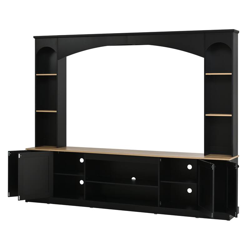 Farmhouse Arched Entertainment Center, 91" Wood Grain Media Console for 70" TVs with Bookshelf & Adjustable Shelves