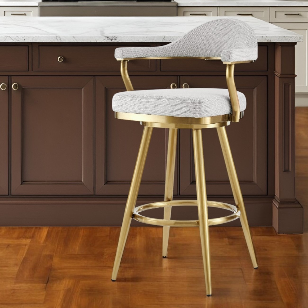 HomeRoots 26" Silver and Gold Fabric and Stainless Steel Counter Height Swivel Bar Chair