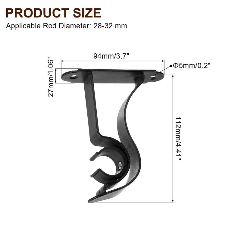 4Pcs Curtain Rod Bracket, Holders for Drapery Rod Home - Black - 1"-1.2"
