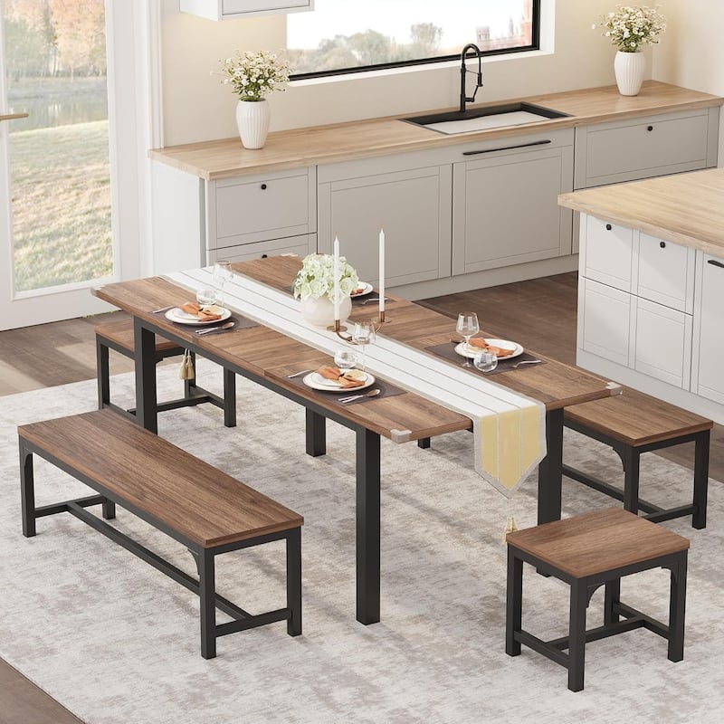 43.7in-63in Extendable Dining Table Set with 2 Benches and 2 Stools