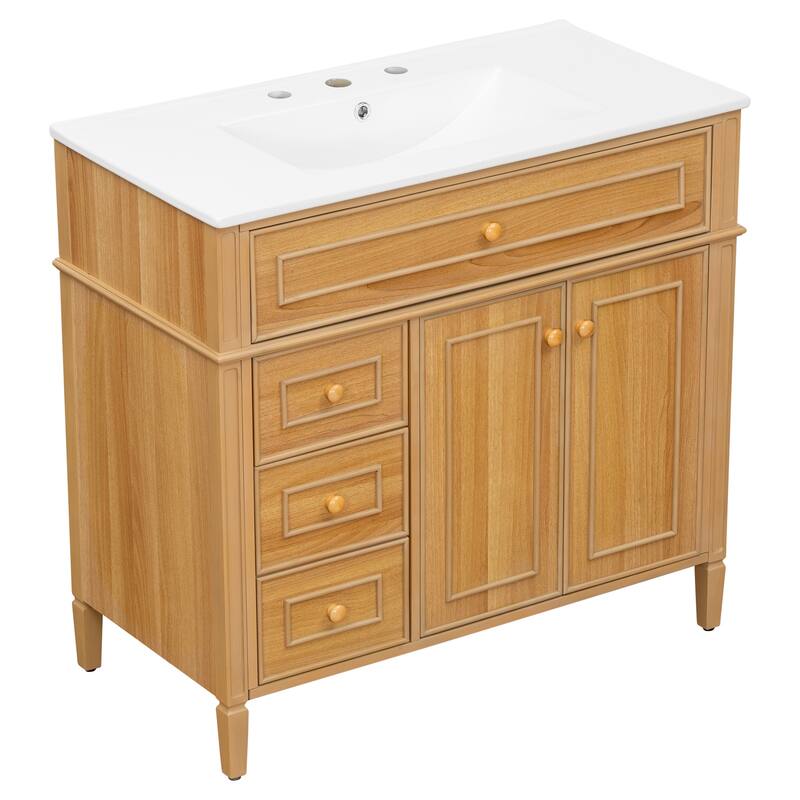 36" Bathroom Vanity with Sink, Wood Vanity Cabinet with Flip-Out Drawer, 3 Drawers, 2 Soft-Close Doors, Solid Wood & MDF