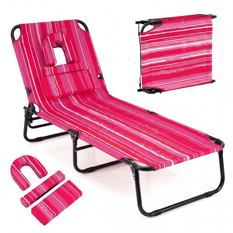 Gymax 2PCS Folding Beach Sun Lounger w/Face Hole Removable Pillows