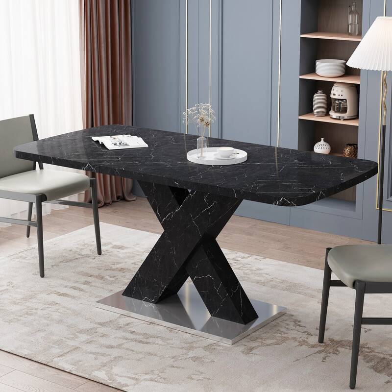 Modern Square Dining Table with Marble Table Top and X-Shape Table Leg