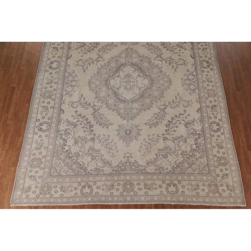 Hand Knotted Oriental 100% Wool Carpet Traditional Floral Beige & Ivories Tabriz Area Rug - 12' 4'' X 9' 10''