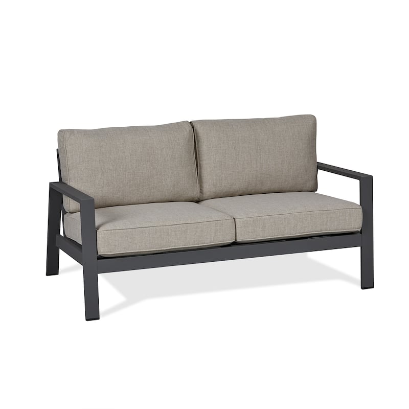 Aegean Outdoor Two Seat Sofa in Weathered Slate w/ Tan Cushions by Real Flame
