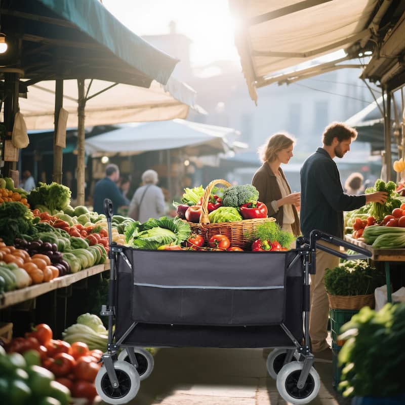 Multi-Functional Push-Pull Folding Wagon Cart with Rotating Handle & 9"x4" Beach Tires-300L XL Heavy-Duty,Large Capacity