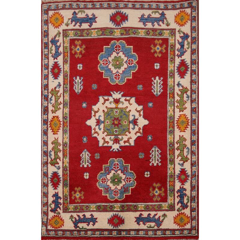 Red Kazak Accent Rug Handmade Oriental Wool Carpet - 2'10" x 4'0"