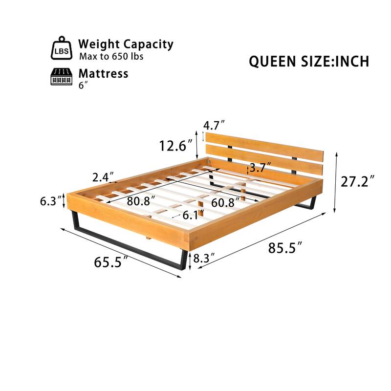 Queen Size Pine Wood Bed Frame in Natural & Black, Modern Industrial Design