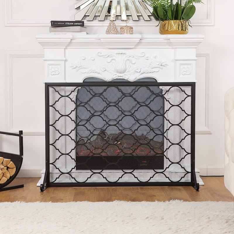 Modern Single Panel Black Geometric Pattern Iron Fireplace Screen- - 41.73'' x 12.20'' x 29.33''