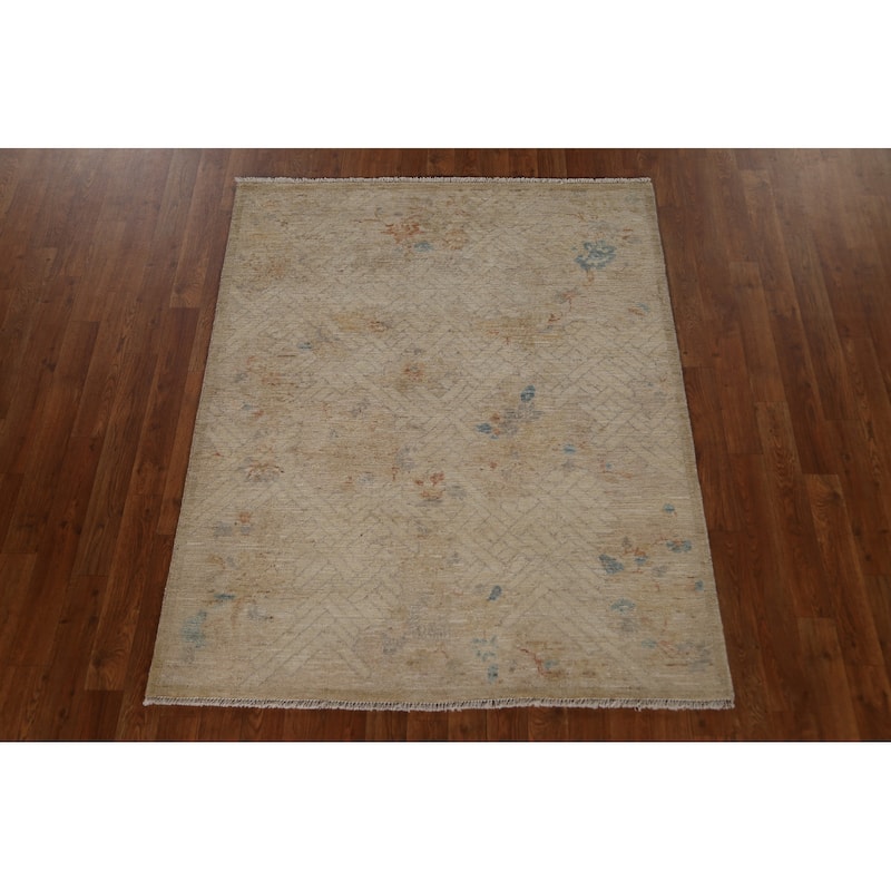 Geometric Art Deco Oriental Wool Area Rug Hand-knotted Foyer Carpet - 3'11" x 4'10"