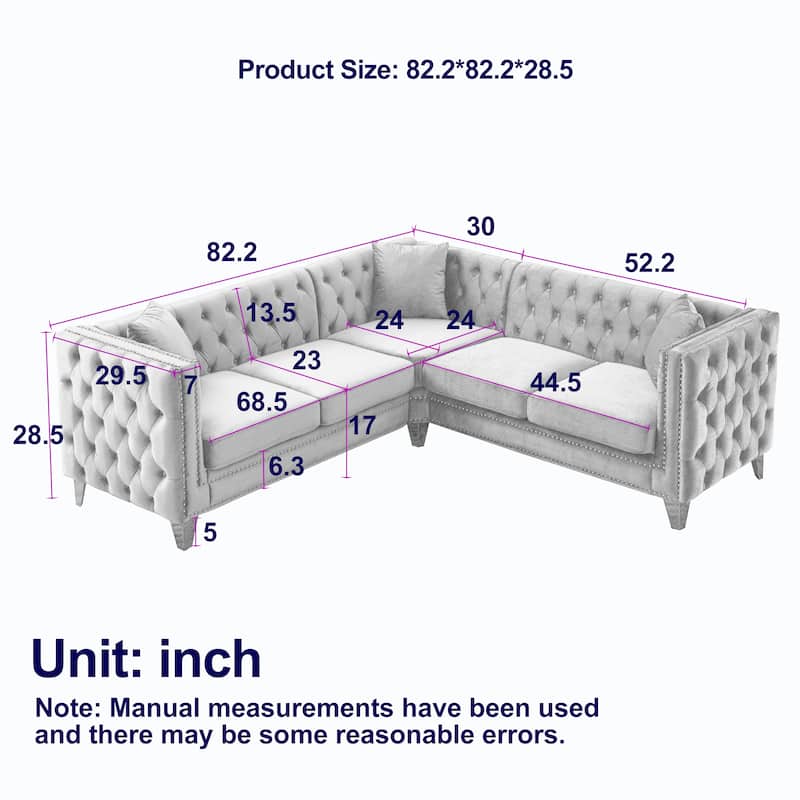 82.2-Inch Velvet Corner Sofa, L-Shaped Sectional Couch, 5-Seater Corner Sofas with 3 Cushions for Living Room, Bedroom, Apartmen