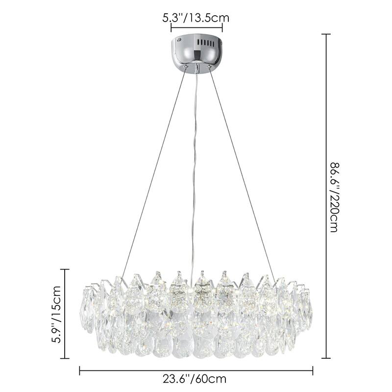 Modern Glam Chrome Round Crystal LED Chandelier for Dining Room - 23.6 in. W x 86.6 in. H