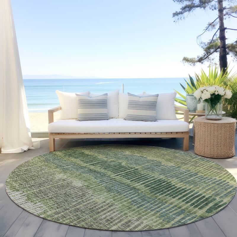 Machine Washable Indoor/ Outdoor Chantille Stripe Abstract Rug - Green - 8' x 8'