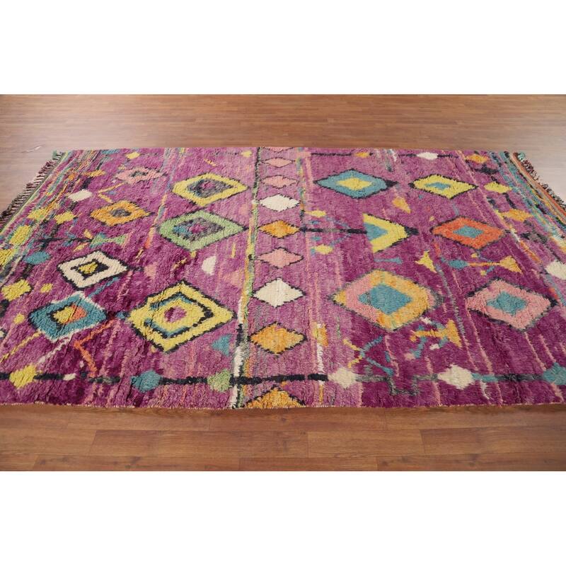 Purple Geometric Plush Moroccan Area Rug Handmade Wool Carpet - 6'1" x 9'9"