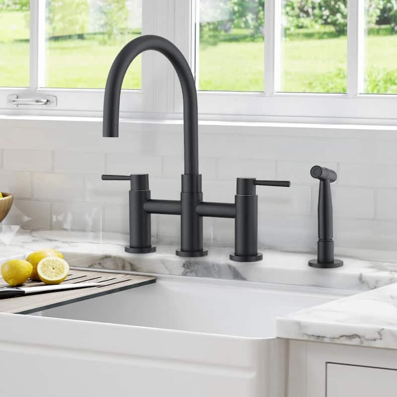 Double Handle Bridge Kitchen Faucet with Side Spray - Matte Black