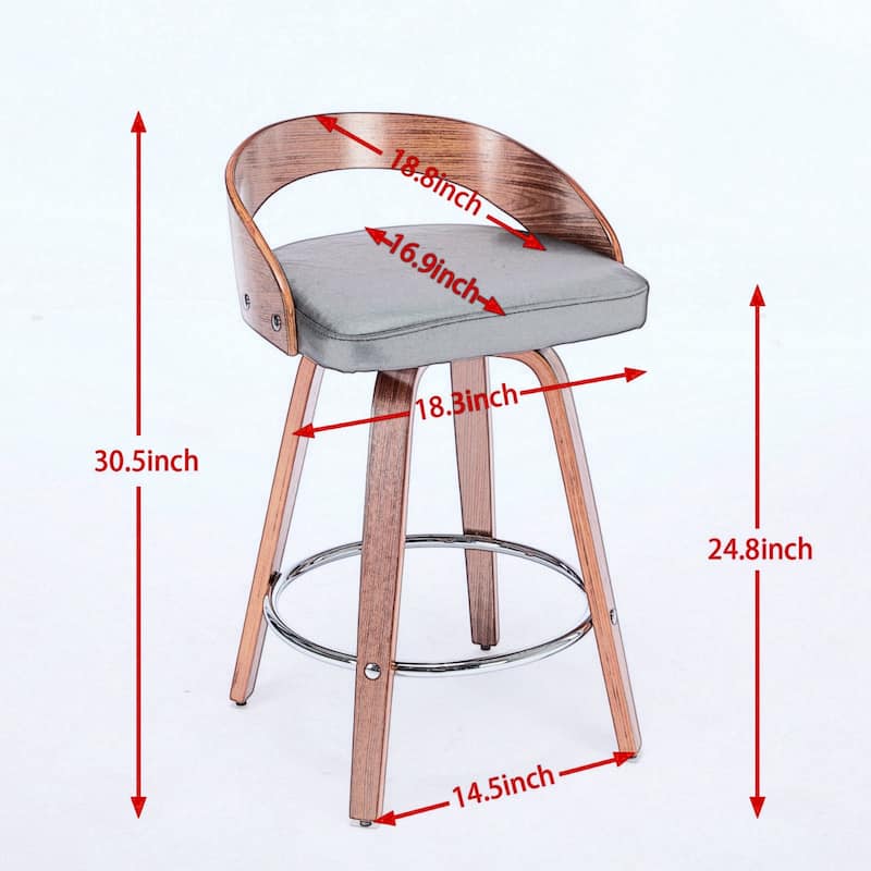 Low Back Swivel Bar Stools Set of 2 Walnut Wood Frame Accent Chairs Set with Faux Leather Cushion Seat and Metal Footrest