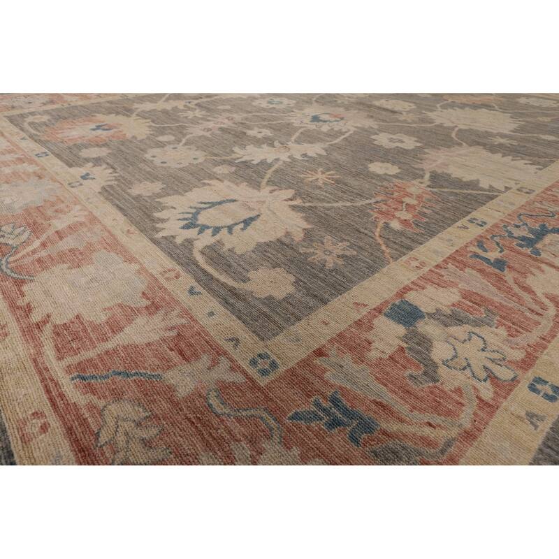 Vegetable Dye Oushak Turkish Area Rug Hand-Knotted Grey Wool Carpet - 9'2" x 11'0"