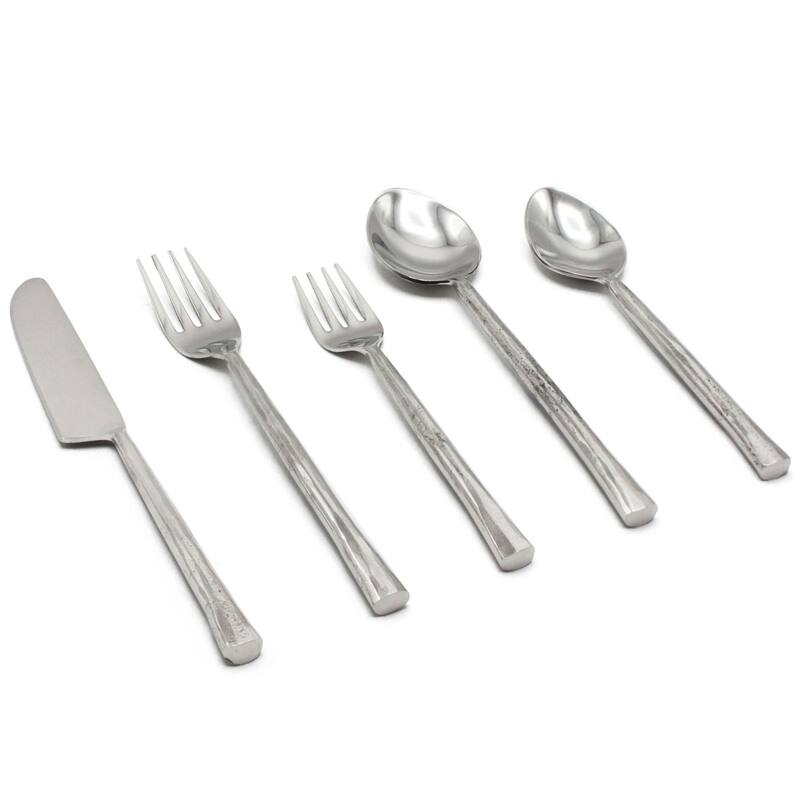 Elyon Lavista Reflective Silver 20 Piece Flatware Set Indian Artisan-Made Set Hand-Forged Stainless Steel Service for 4