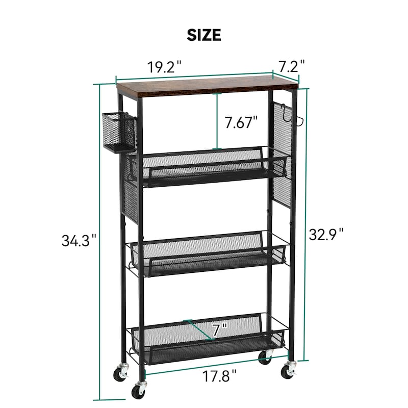 Moasis Wood Rolling Kitchen Cart with Wooden Tabletop and Mesh Baskets