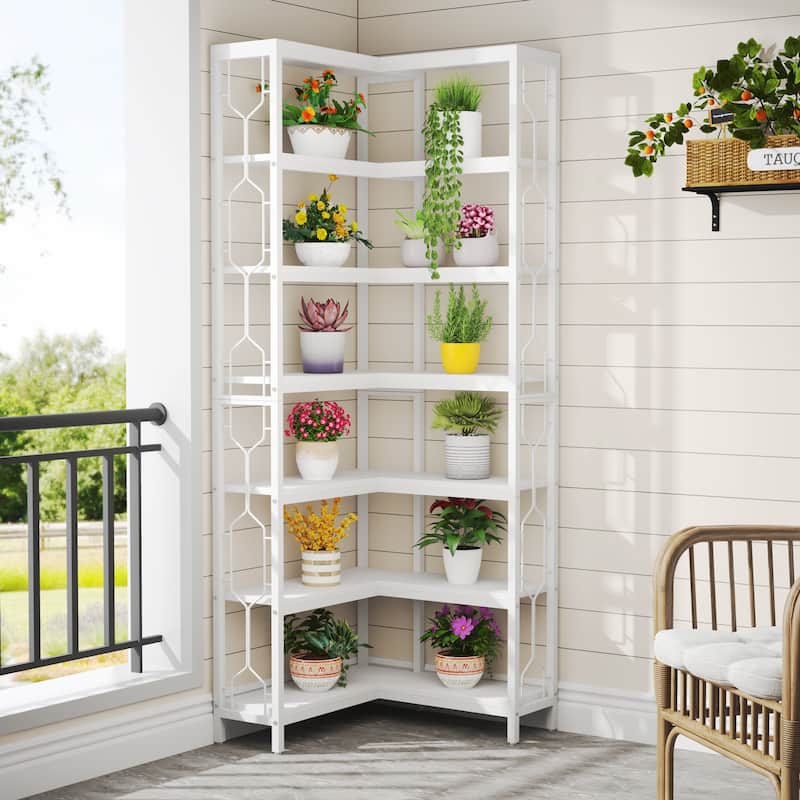 7-Tier Corner Bookshelf, White Corner Shelf Modern Etagere Bookcase
