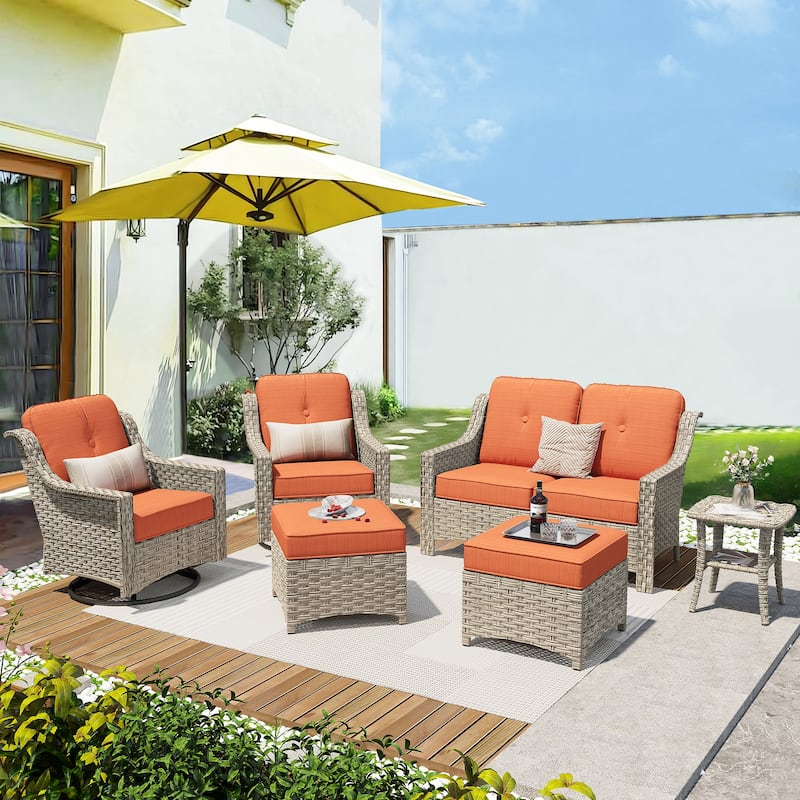 XIZZI 6-piece High-back Outdoor Seating Furniture Set with Swivel Chair - Red/Orange