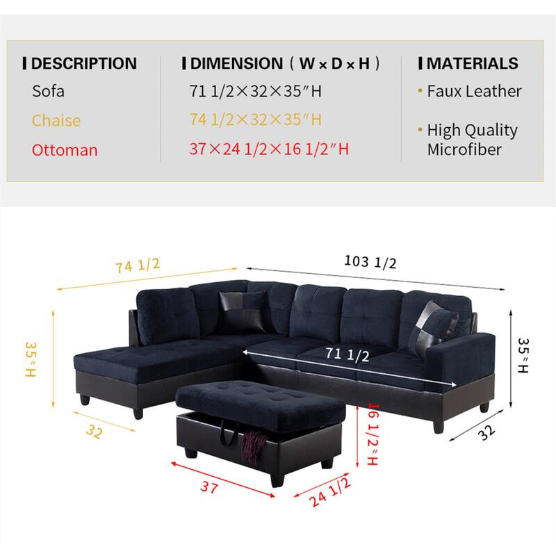 3-Pieces Sectional Sofa Set,Left Facing,Midnight Blue Microfiber(112A)