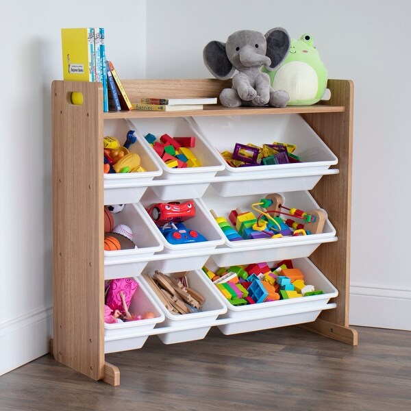 wooden toy shelf with bins