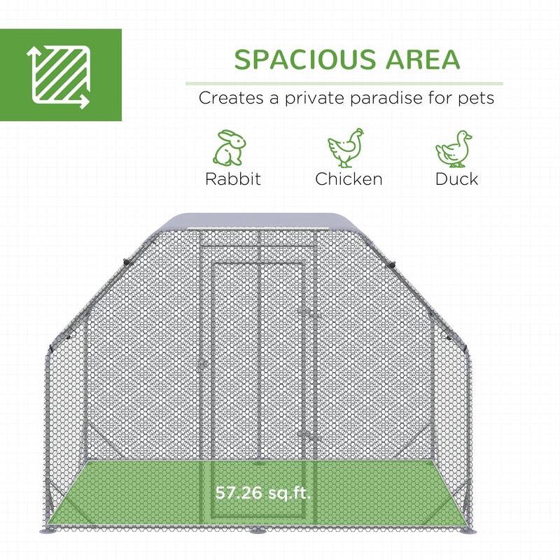 PawHut Large Chicken Coop Metal Chicken Run with Waterproof and Anti-UV Cover, Flat Shaped Walk in Fence Cage Hen House