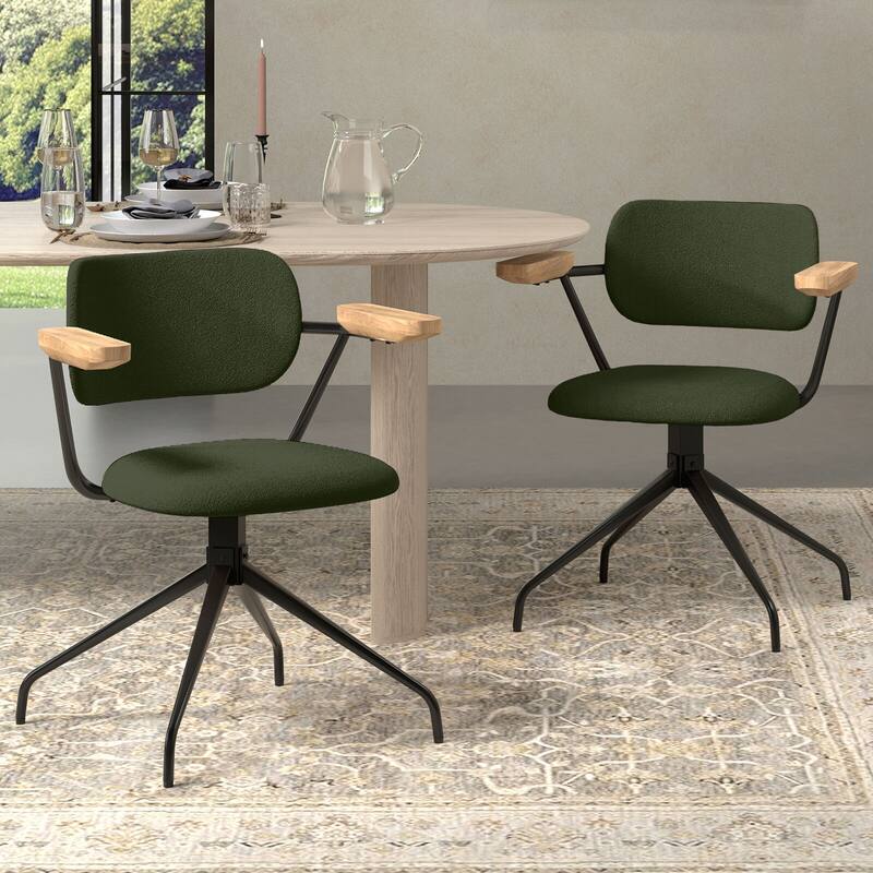 Modern Upholstered Swivel Chair With Solid Wood Arms And Metal Frame