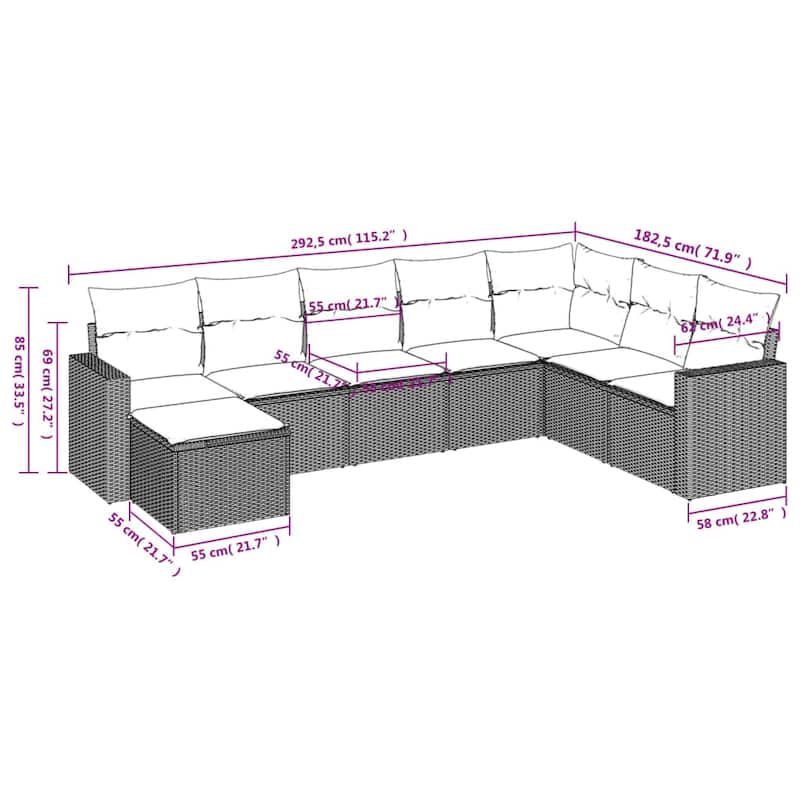 vidaXL Patio Sofa Set with Cushions Outdoor Conversation Furniture Poly Rattan - 25.8" x 24.4" x 27.2"
