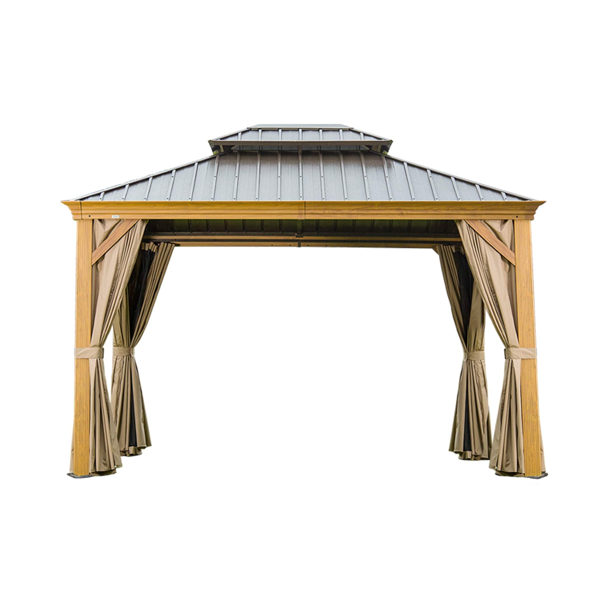 10'x14' Hardtop Wood Grain Gazebo with Galvanized Steel Roof, Aluminum Frame & Netting for Patio