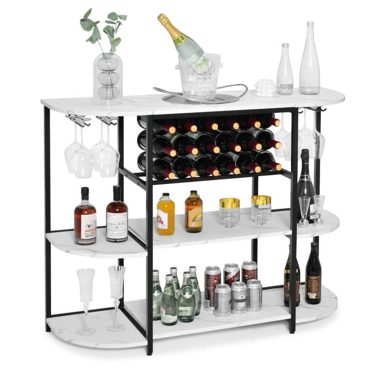 47 Inches Wine Rack Table with Glass Holder and Storage Shelves - 47” x 16” x 36”