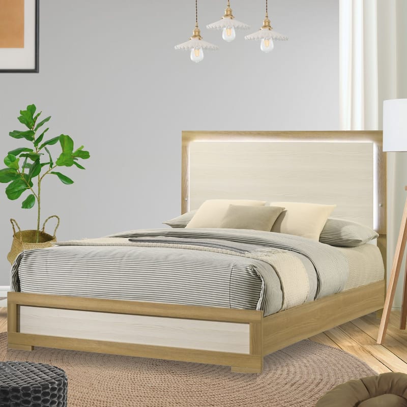 Boone Natural White Wood Slim LED Panel Bed Frame - King
