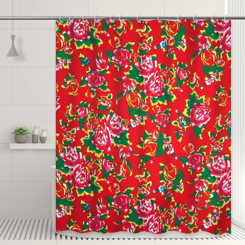 Red Floral Curtain for Bathroom Chic Peony Green Flower Abstract