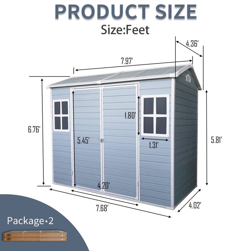 8ft x 4ft Outdoor Storage Shed – Plastic Shed with Two Windows, Double Doors & Floor for Garden, Patio, Yard & Lawn