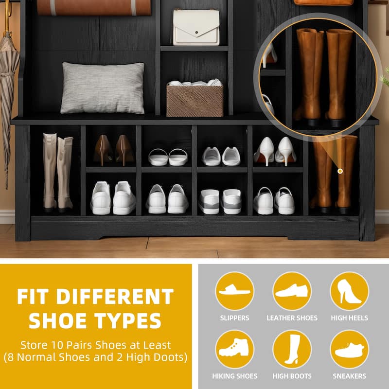Moasis Farmhouse Hall Tree with Bench and Shoe Storage with 10 Hooks for Entryway